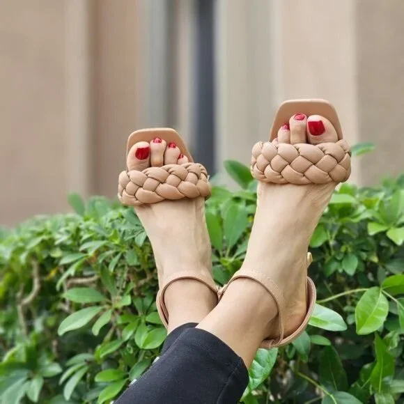 Chic Women’s Nude Braided Ankle Strap Sandals with Lateral Buckle Closure - Picture 3 of 5